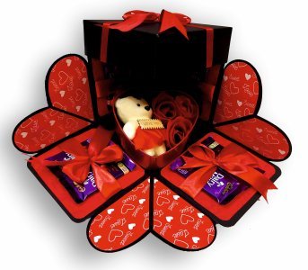 Explosive Gift Box, Birthday Gift, Wedding gift, Valentine Love Gift for your wife/husband, fiance, boyfriend With 8 Chocolate Each 10 RS (1 TIN BOX INCLUDES TEDDY & ROSES)