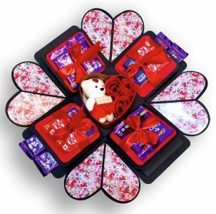 Explosive Gift Box, Birthday Gift, Wedding gift, Valentine Love Gift for your wife/husband, fiance, boyfriend With 12 Chocolate Each 10 RS (1 TIN BOX INCLUDES TEDDY & ROSES)