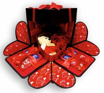 Explosive Gift Box, Birthday Gift, Wedding gift, Valentine Love Gift for your wife/husband, fiance, boyfriend With 8 Chocolate Each 10 RS (1 TIN BOX INCLUDES TEDDY & ROSES)
